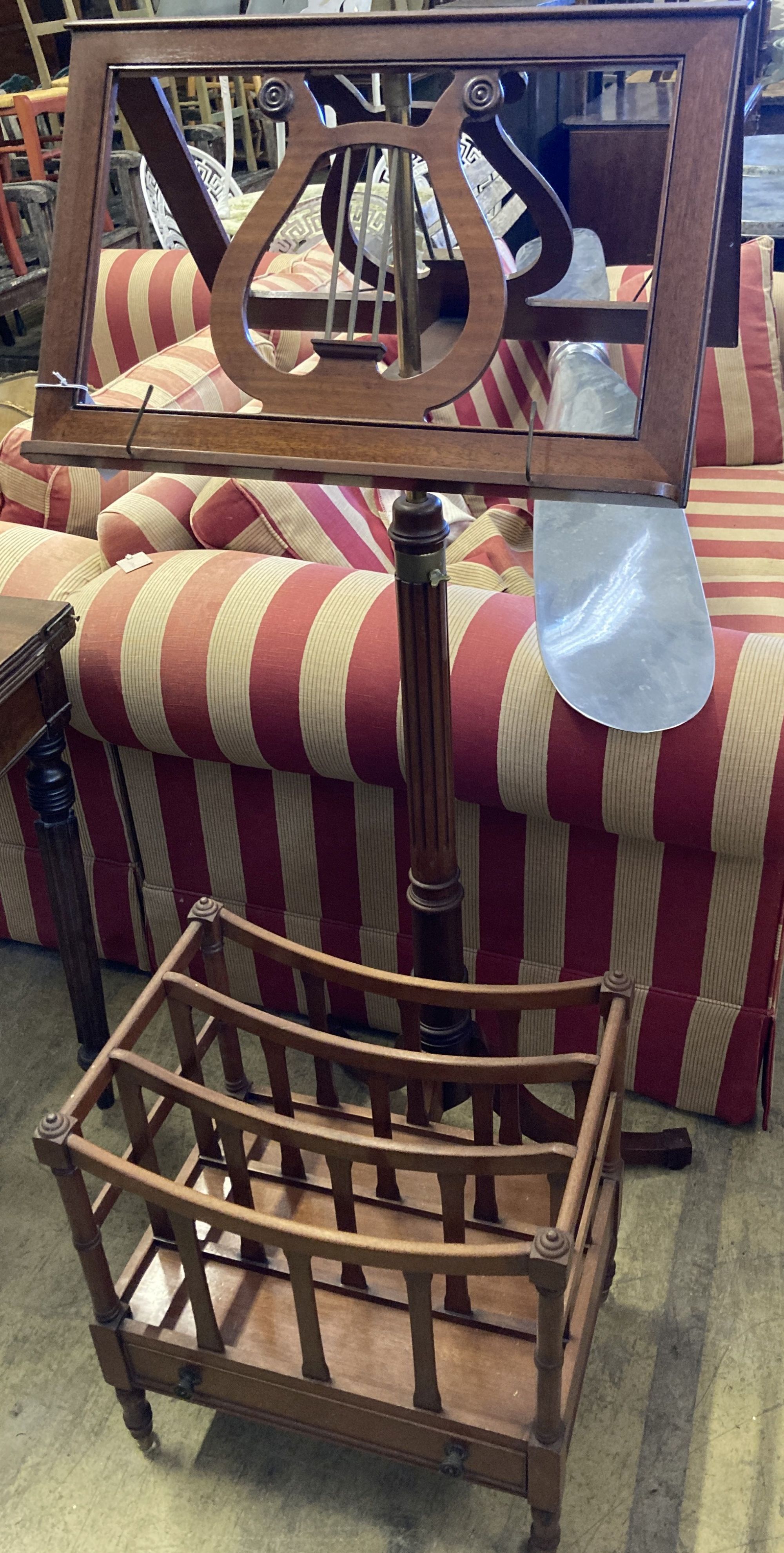 A reproduction Regency design mahogany duet music stand, width 52cm and music canterbury by Restall Brown and Clennell, Lewes